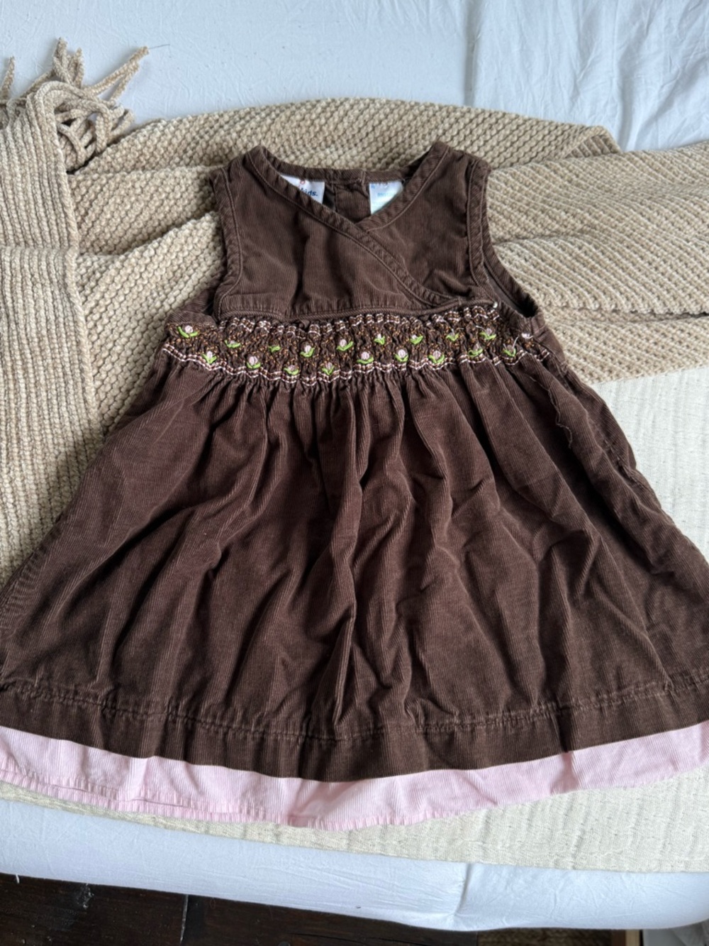 Vintage B.T. Kids Girls Brown Smocked Corduroy Dress with Pink Hem